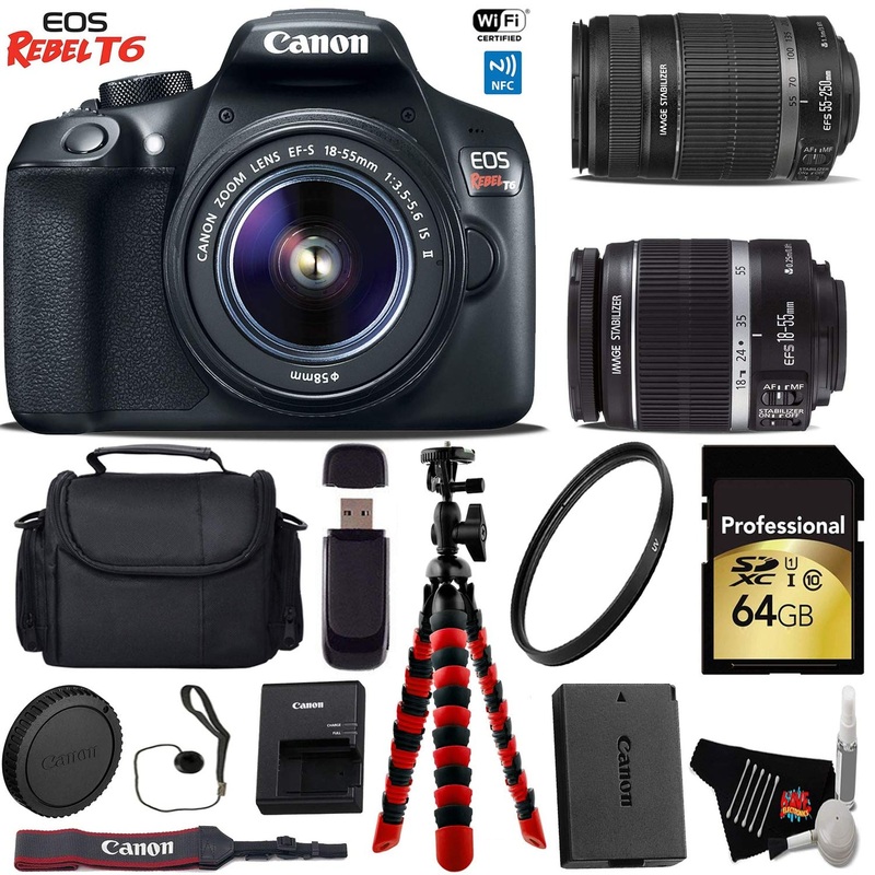 Canon EOS Rebel T6 DSLR Camera with 18-55mm is Lens & 55-250mm is II Lens + Flexible Tripod + UV Protection Filter + Pro