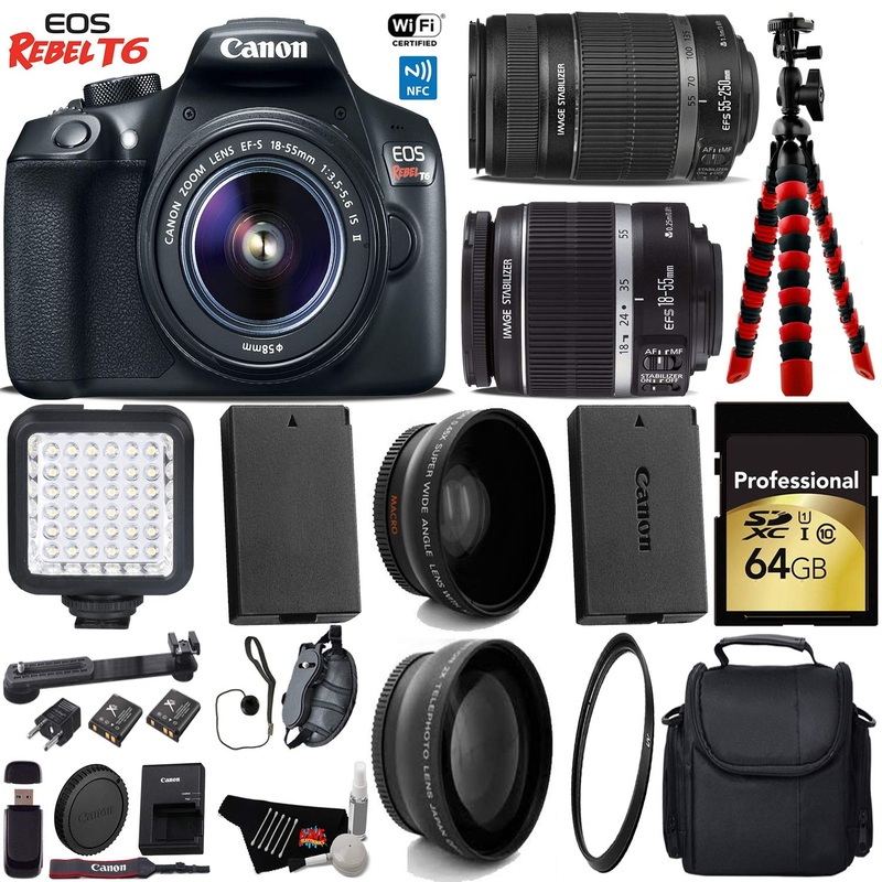 Canon EOS Rebel T6 DSLR Camera with 18-55mm is Lens & 55-250mm is II Lens + LED + UV FLD CPL Filter Kit + Wide Angle & T