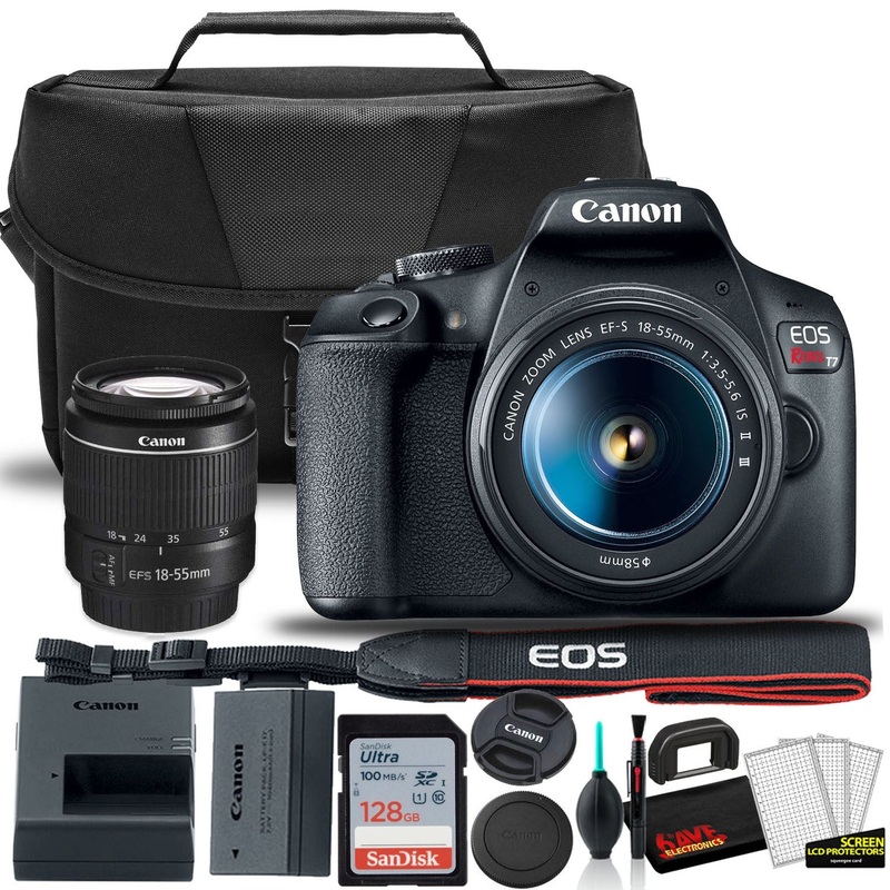 Canon EOS Rebel T7 DSLR Camera with 18-55mm Lens Starter Bundle  + Includes: EOS Bag +  Sandisk Ultra 128GB Card + Clean and Care Kit + More - Reconditioned