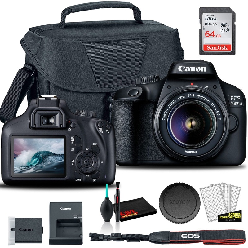 Canon EOS 4000D DSLR Camera with 18-55mm Lens  +  EOS Bag +  Sandisk Ultra 64GB Card + Cleaning Set And More (International Model) - Reconditioned