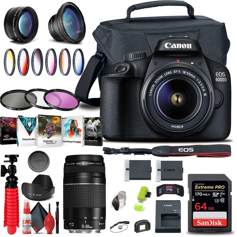 Canon EOS 4000D / Rebel T100 DSLR Camera with 18-55mm Lens + EF 75-300mm + Filter Bundle - Reconditioned