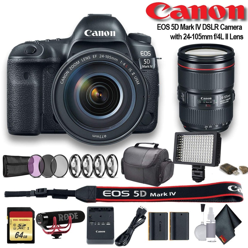 Canon EOS 5D Mark IV DSLR Camera with 24-105mm f/4L II Lens (1483C010) W/Bag, Extra Battery Pro Bundle - Reconditioned