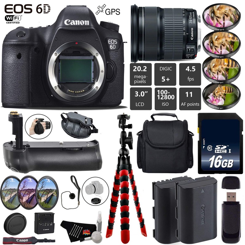 Canon EOS 6D DSLR Camera with 24-105mm is STM Lens + Professional Battery Grip + 4PC Macro Filter Kit + LED Kit + Extra