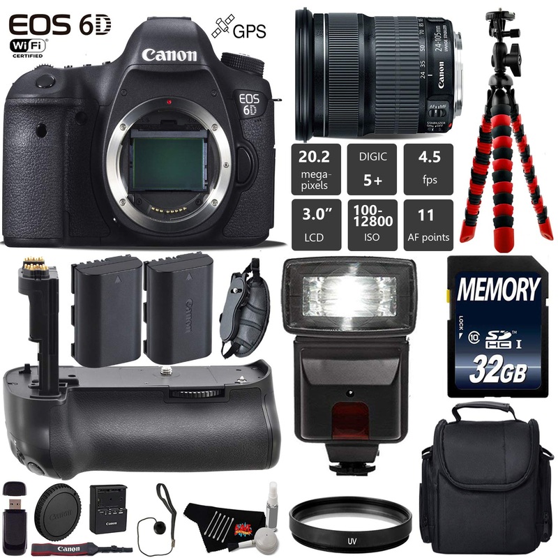 Canon EOS 6D DSLR Camera with 24-105mm is STM Lens + Professional Battery Grip + UV Protection Filter + Flash + Extra Ba