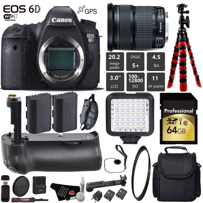 Canon EOS 6D DSLR Camera with 24-105mm is STM Lens + Professional Battery Grip + UV Protection Filter + LED Kit + Extra