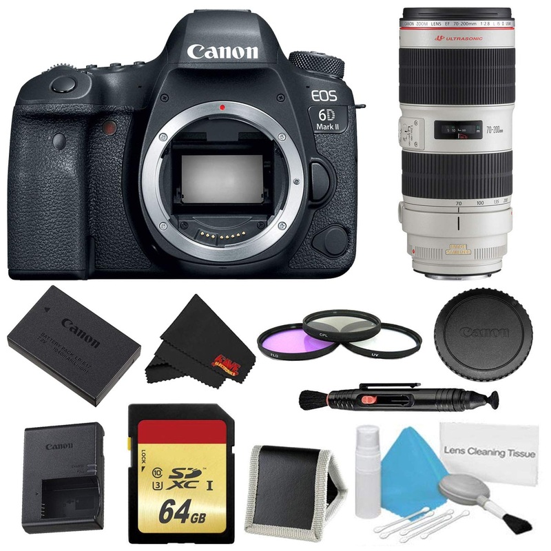 Canon EOS 6D Mark II DSLR Camera (Body Only) 3 Piece Filter w/Memory Bundle + Canon EF 70-200mm f/2.8L is II USM Lens -