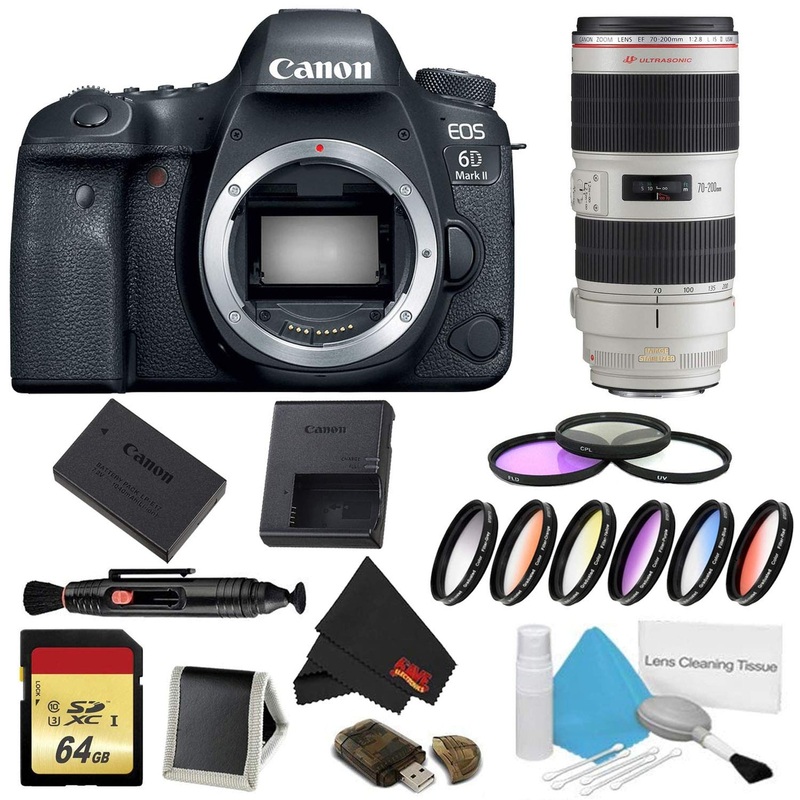 Canon EOS 6D Mark II DSLR Camera (Body Only) 9 Piece Filter w/Memory Bundle + Canon EF 70-200mm f/2.8L is II USM Lens -
