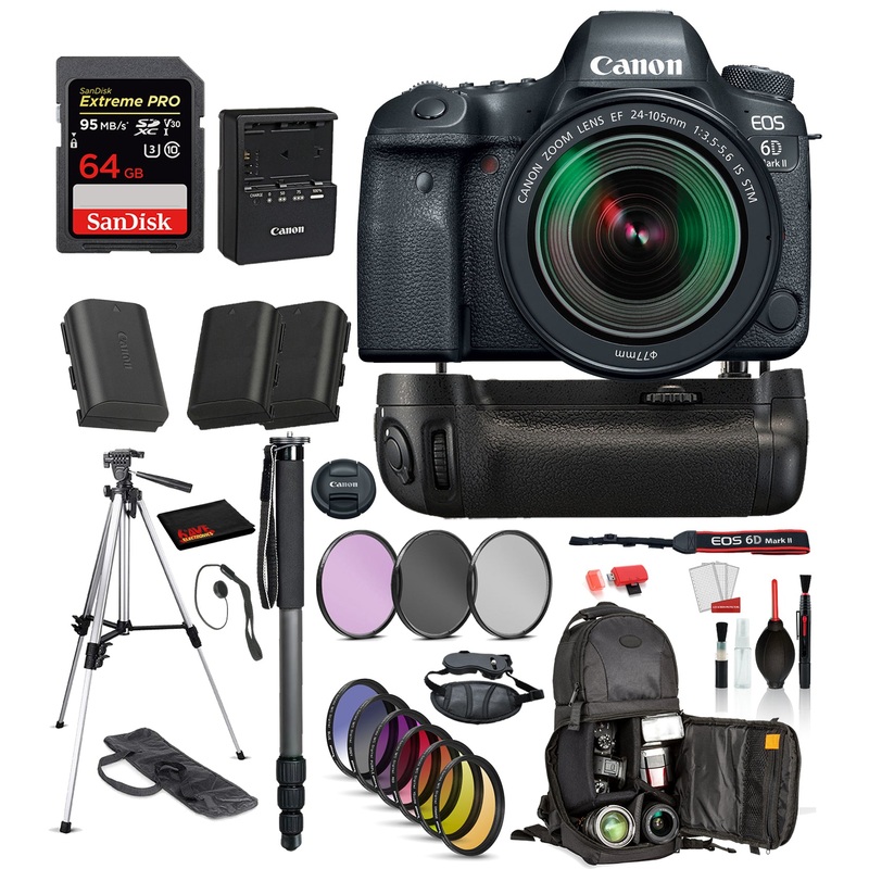 Canon EOS 6D Mark II DSLR Camera with 24-105mm f/3.5-5.6 Lens  ? Battery Grip +  SanDisk extreme pro 64gb SD + MORE