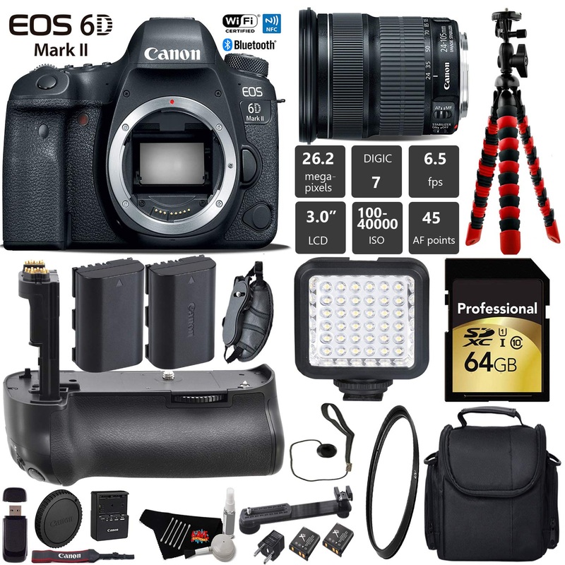 Canon EOS 6D Mark II DSLR Camera with 24-105mm is STM Lens + Professional Battery Grip + UV Protection Filter + LED Kit