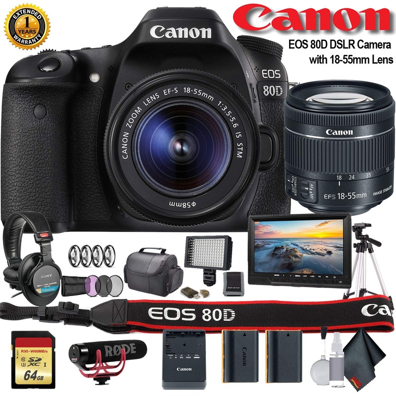 Canon EOS 80D DSLR Camera with 18-55mm Lens (International Model) (1263C005) W/Bag, Extra Battery, LED Light, Mic, Filte - Reconditioned