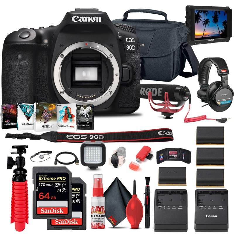Canon EOS 90D DSLR Camera (Body Only) (3616C002) + 4K Monitor + Mic + More - Reconditioned