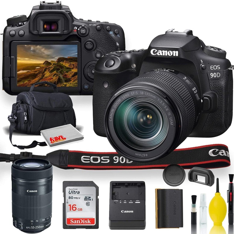 Canon EOS 90D DSLR Camera With 18-135mm Lens, Canon EF-S 55-250mm f/4-5.6 IS STM Lens, Soft Padded Case, Memory Card, and More - Reconditioned