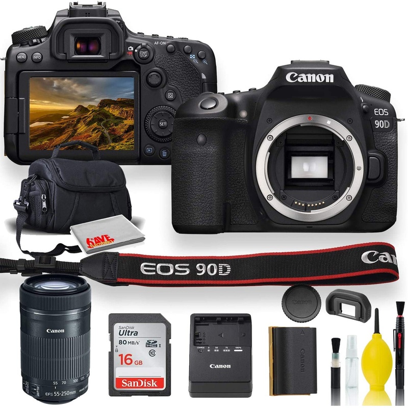 Canon EOS 90D DSLR Camera With Canon EF-S 55-250mm f/4-5.6 IS STM Lens, Soft Padded Case, Memory Card, and More - Reconditioned