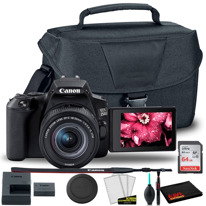 Canon EOS Rebel 250D DSLR Camera with 18-55mm Lens (Black) + EOS Bag + Sandisk Ultra 64GB Card + Cleaning Set and More - Reconditioned