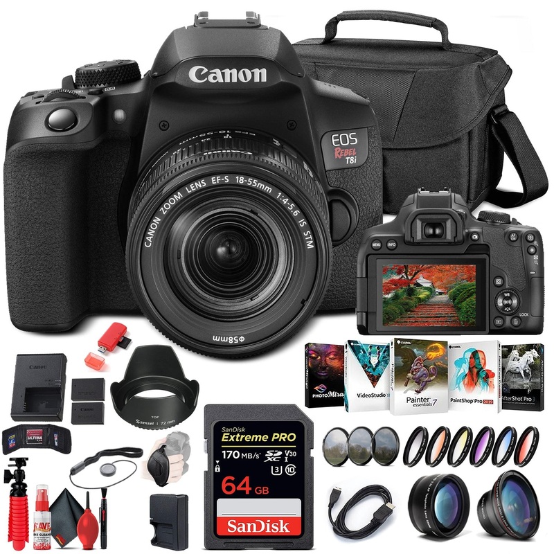 Canon EOS Rebel T8i DSLR Camera with 18-55mm Lens (3924C002) + 64GB Card + More - Reconditioned