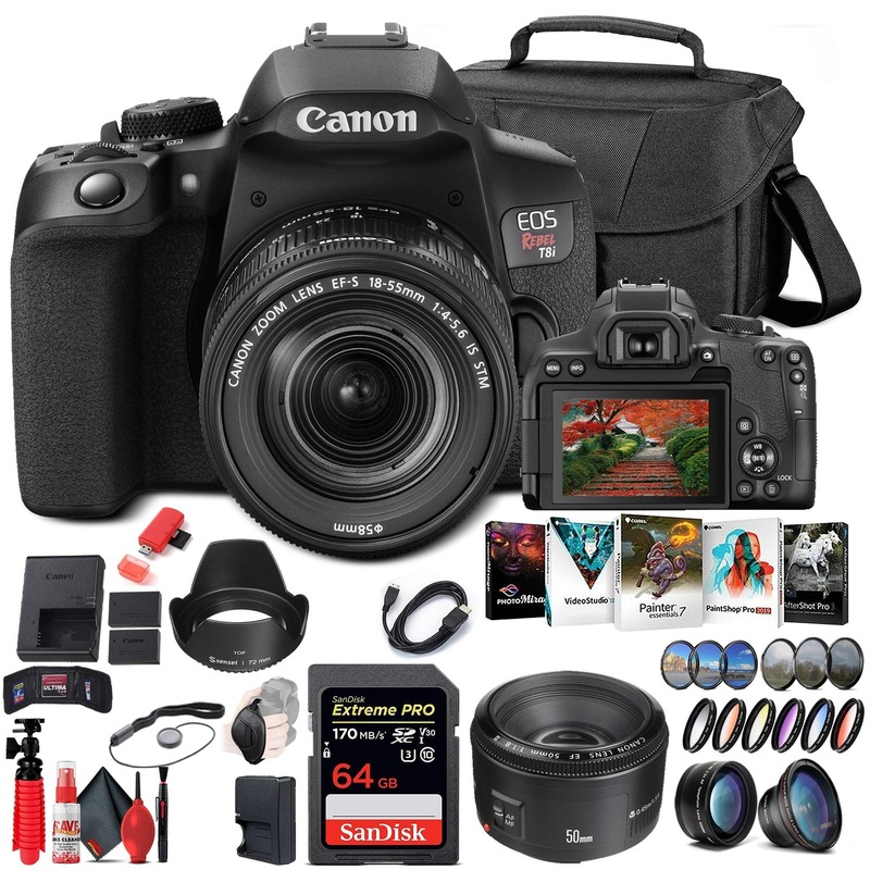Canon EOS Rebel T8i DSLR Camera with 18-55mm Lens 3924C002 + EF 50mm Lens + More - Reconditioned
