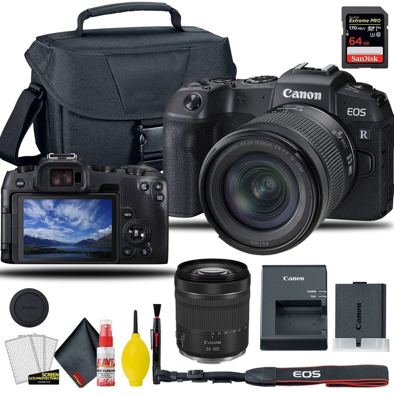 Canon EOS RP Mirrorless Digital Camera with 24-105mm f/4-7.1 Lens, + EOS Camera Bag + Sandisk Extreme Pro 64GB Card + 6AVE Electronics Cleaning Set, and More - Reconditioned