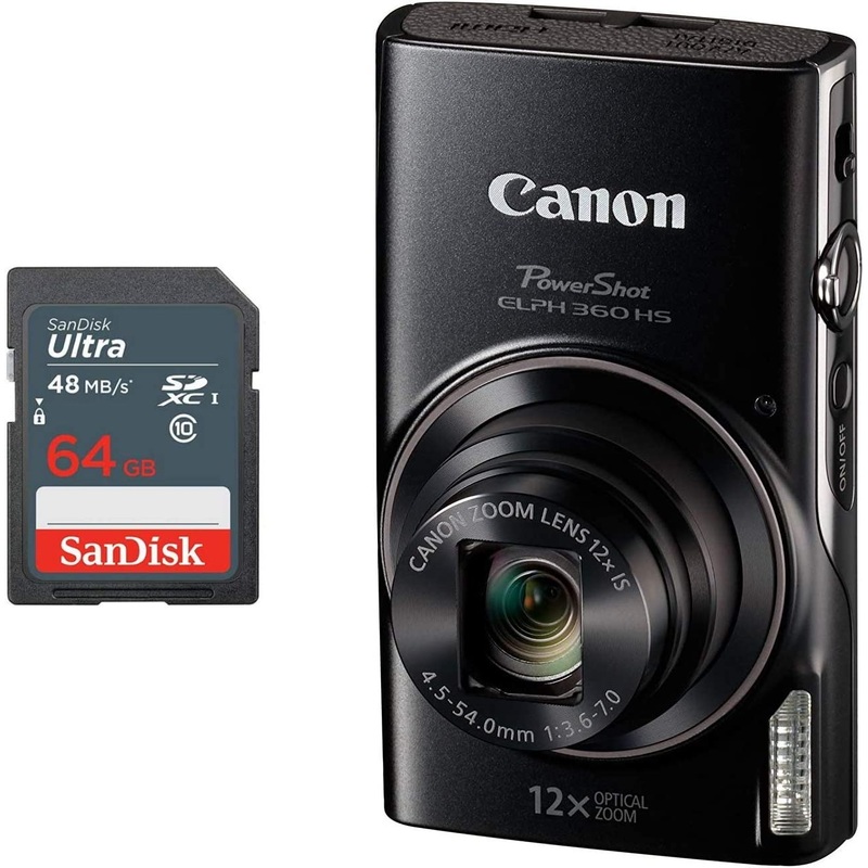 Canon PowerShot ELPH 360 HS Digital Camera + 64GB SD Memory Card (Black) - Reconditioned