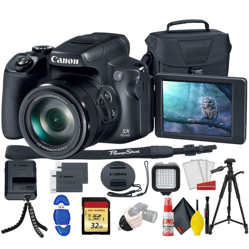 Canon PowerShot SX70 HS Digital Camera (3071C001) with 32GB Memory Card, Padded Case, Spider Tripod, LED Light, Extra Ba - Reconditioned