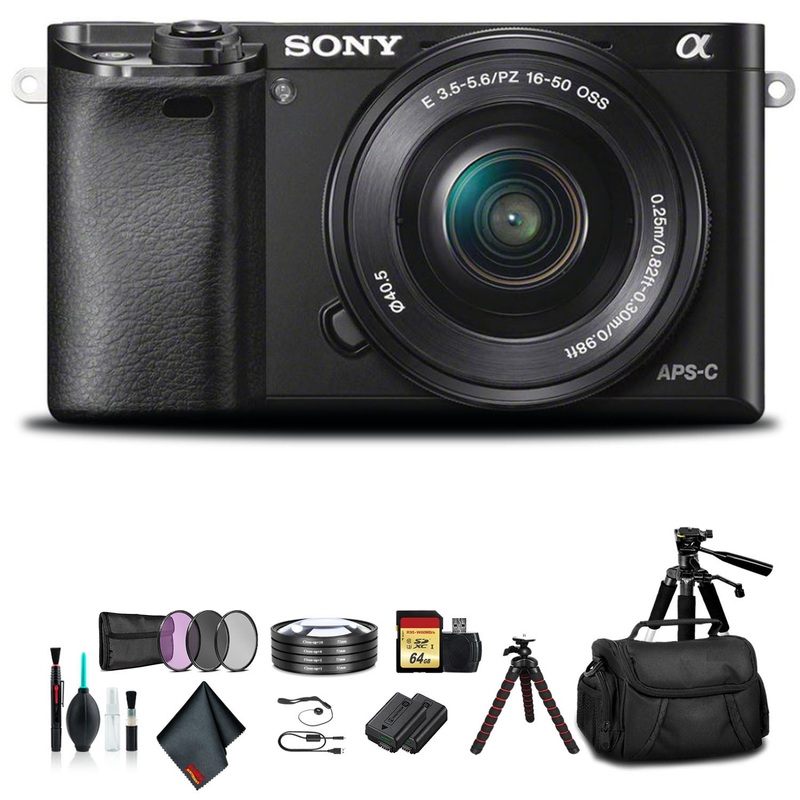 Sony Alpha a6000 Mirrorless Camera with 16-50mm Lens Black With Soft Bag, Additional Battery, 64GB Memory Card, Card Reader , Plus Essential Bundle - Reconditioned
