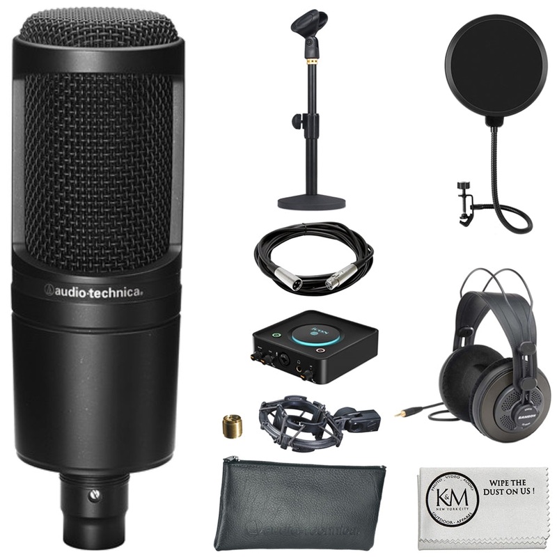 Audio-Technica AT2050 Multi-Pattern Condenser Microphone Bundle with Studio Headphones + XLR Cable + Pop Filter + Icon Pro Audio USolo Recording Interface + Mic Arm + Cleaning Cloth (7 Items)