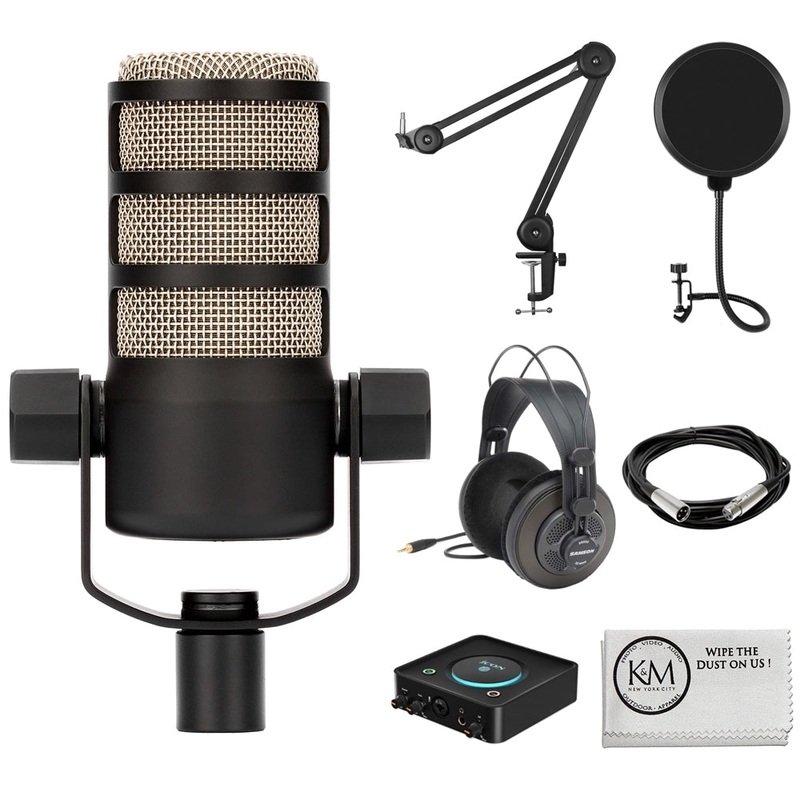 Rode PodMic Dynamic Podcasting Microphone Bundle with Studio Headphones + XLR Cable + Pop Filter + Icon Pro Audio USolo Recording Interface + Mic Stand + Cleaning Cloth (7 Items)