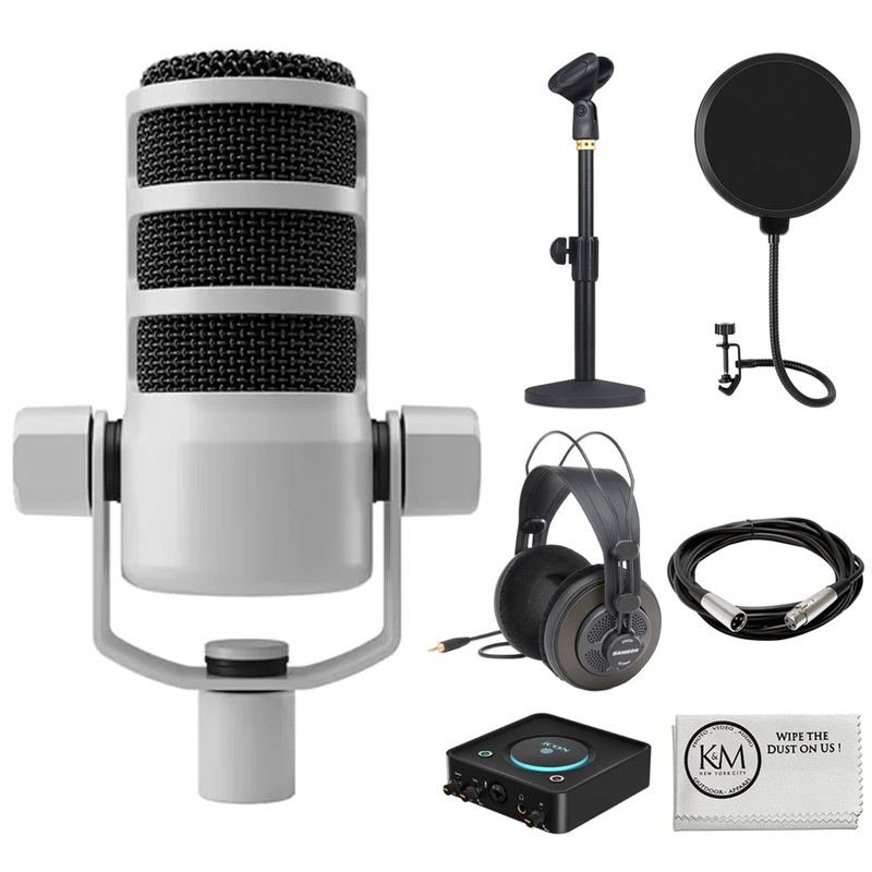 Rode PodMic Dynamic Podcasting Microphone | White Bundle with Studio Headphones + XLR Cable + Pop Filter + Icon Pro Audio USolo Recording Interface + Mic Stand + Cleaning Cloth (7 Items)