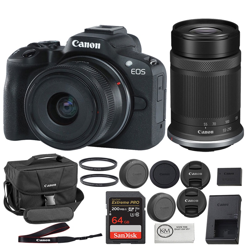 Canon EOS R50 Mirrorless Camera |18-45mm and 55-210mm Lenses | Black Bundled With 64GB Memory Card + 2 x UV Filters + Canon 200ES Camera Bag + Microfiber Cloth (6 Items)