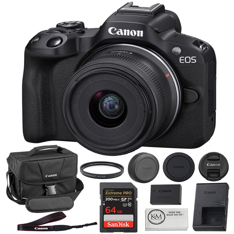 Canon EOS R50 Mirrorless Camera with 18-45mm Lens | Black Bundled With 64GB Memory Card + 49mm UV Filter + Canon 200ES Camera Bag + Microfiber Cleaning Cloth (5 Items)