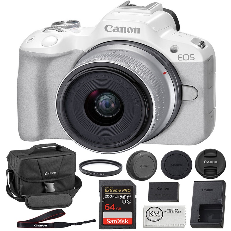 Canon EOS R50 Mirrorless Camera with 18-45mm Lens | White bundled With 64GB Memory Card + Canon 200ES Camera Bag + UV Filter + Microfiber Cleaning Cloth (5 Items)
