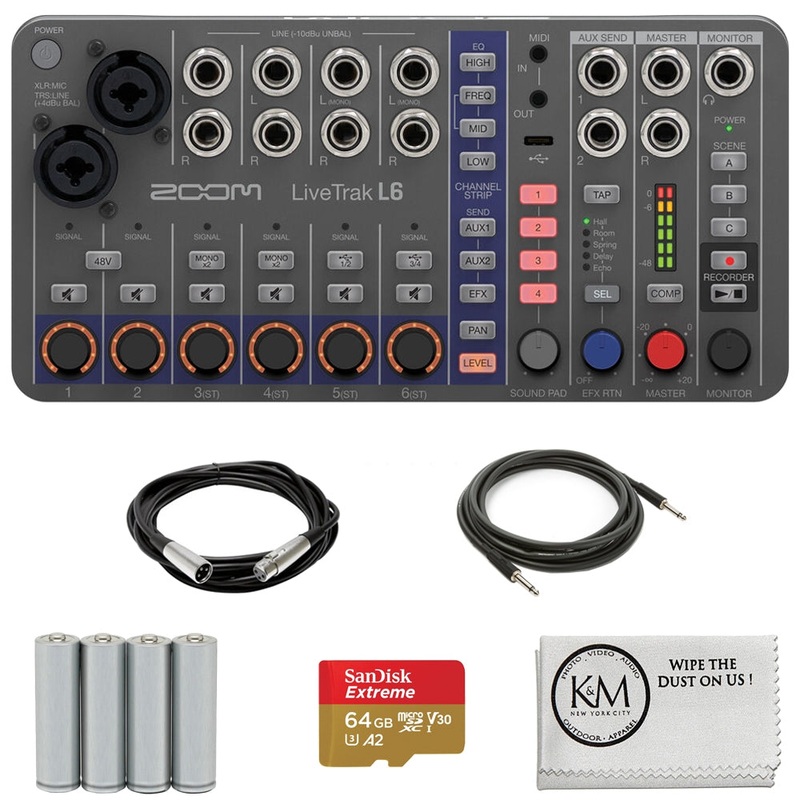 Zoom LiveTrak L-6 Portable 6-Channel Digital Mixer and Multitrack Recorder Bundle with 20ft XLR Cable + 18ft Instrument Cable + 4 Pack AA Batteries + 64GB Micro-SD Card + Cleaning Cloth (6 Item)