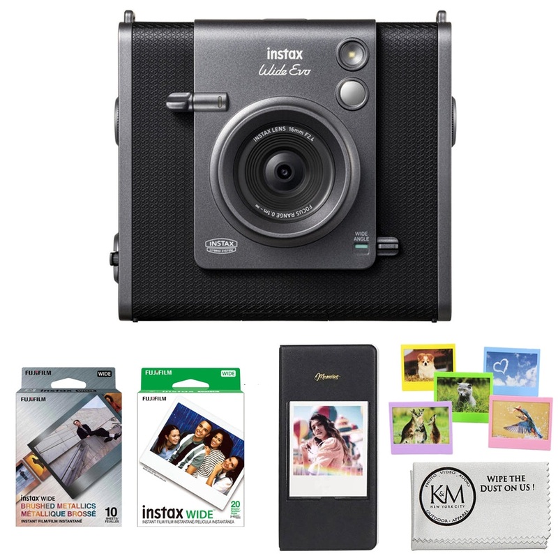 FUJIFILM INSTAX WIDE EVO Hybrid Instant Camera | Black Bundle with 10 Exposures of WIDE Brushed Metallics Film + 20 Exposures of WIDE Film + Wide Album & Colored Frames + Cleaning Cloth (5 Items)