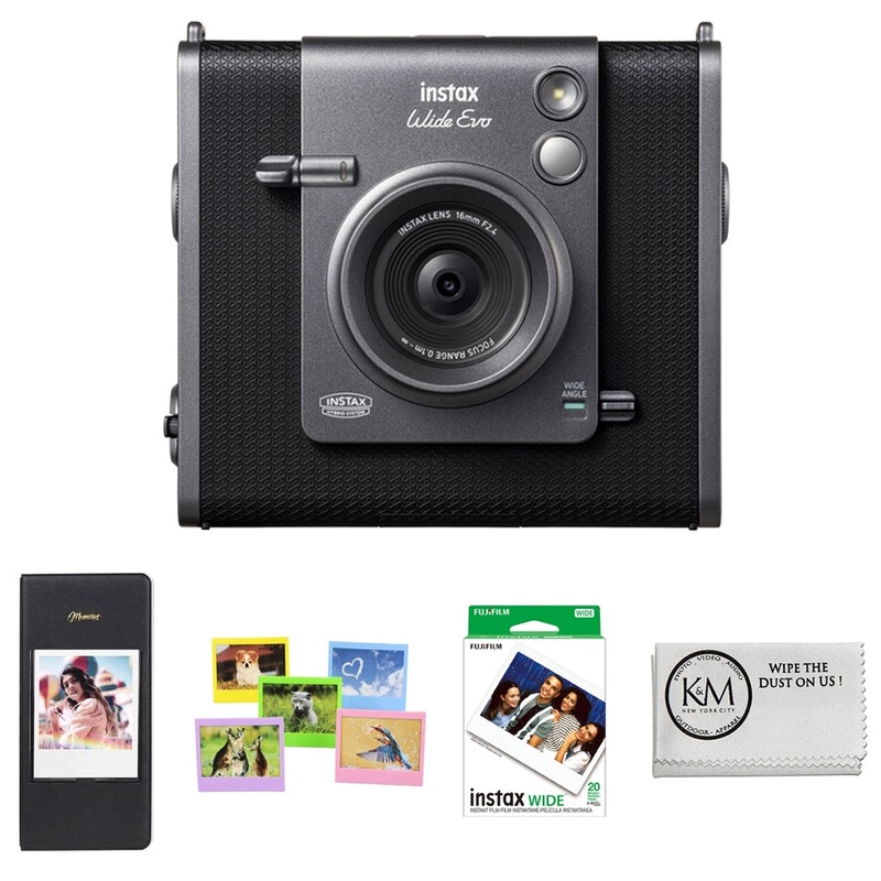 FUJIFILM INSTAX WIDE EVO Hybrid Instant Camera | Black Bundle with 20 Exposures Wide Instant Film + Wide Album & Colored Frames + Cleaning Cloth (4 Items)