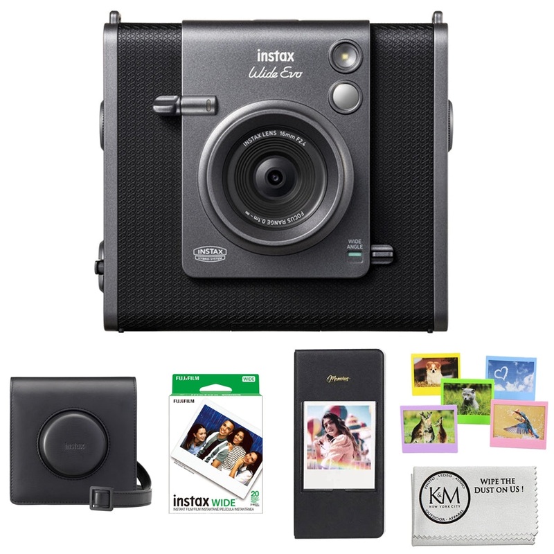 FUJIFILM INSTAX WIDE EVO Hybrid Instant Camera | Black Bundle with Black INSTAX WIDE EVO Camera Case + 20 Exposures Wide Instant Film + Wide Album & Colored Frames + Cleaning Cloth (5 Items)